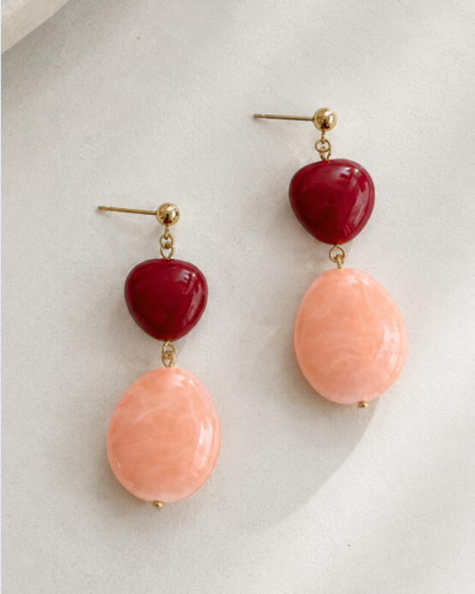 Pendientes Malva con bola burdeos y óvalo melocotón