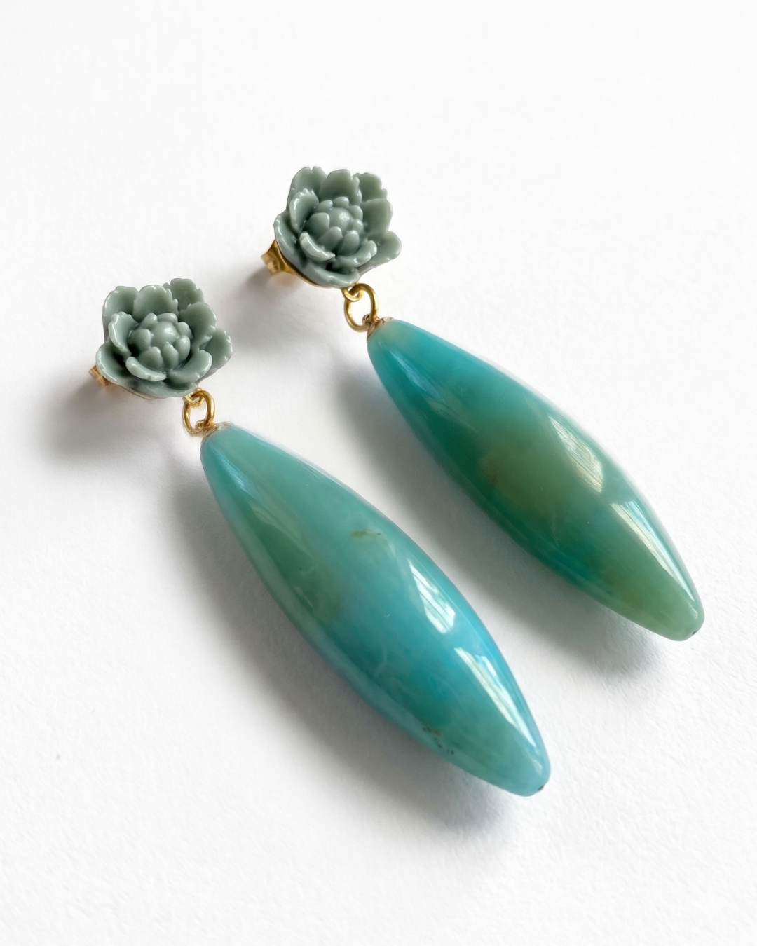 Pendientes Vela flor gris verde gota turquesa artesanales Hanalima